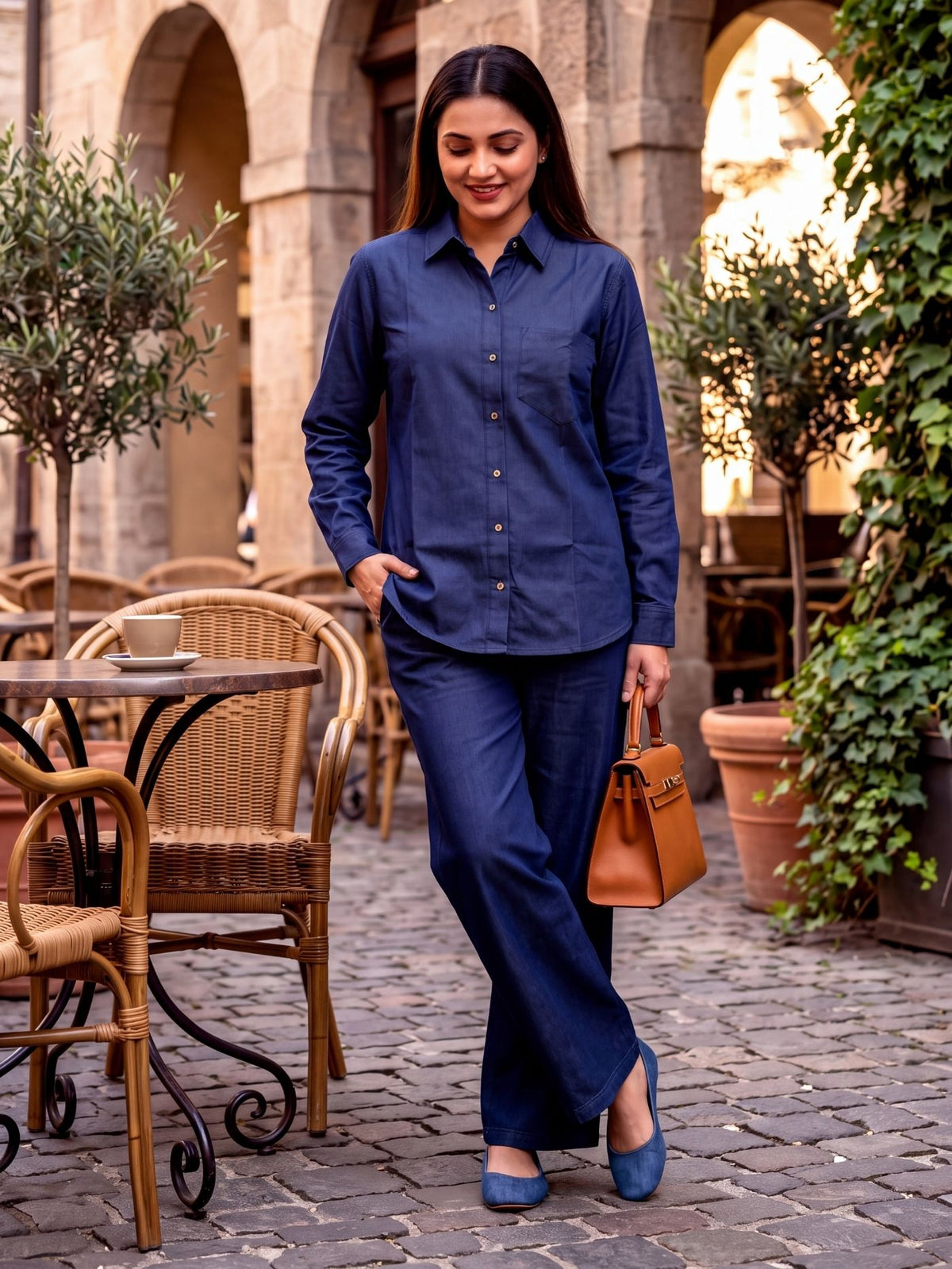 Woman styling the Indira Dark Indigo Denim Co-Ord Set in a courtyard