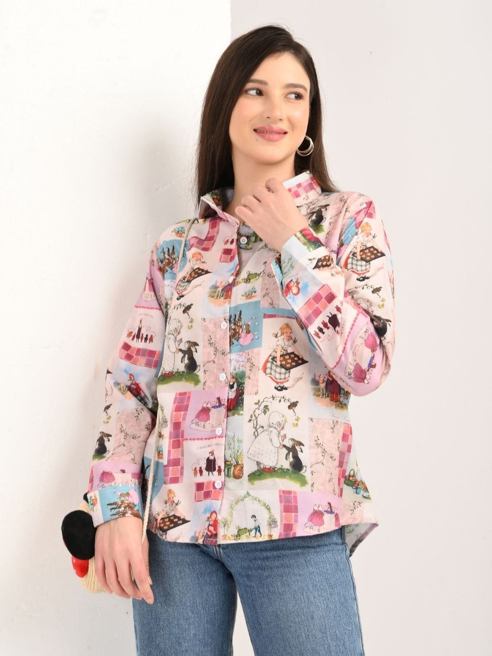 Woman styling vintage frames shirt front pose