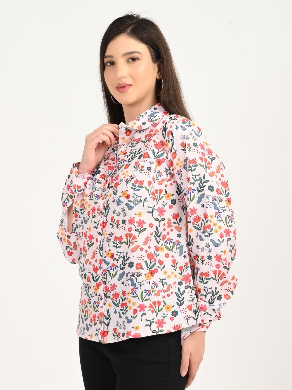 Woman wearing Floral Symphony multicolor floral print shirt side pose