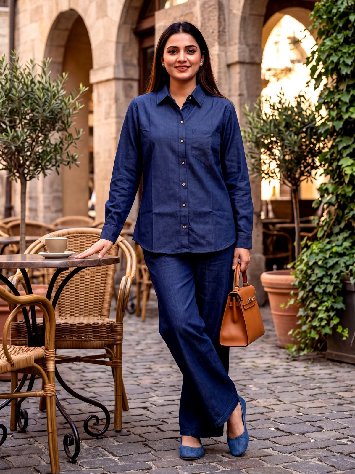Woman wearing the Indira Dark Indigo denim shirt and palazzo set with a tan handbag