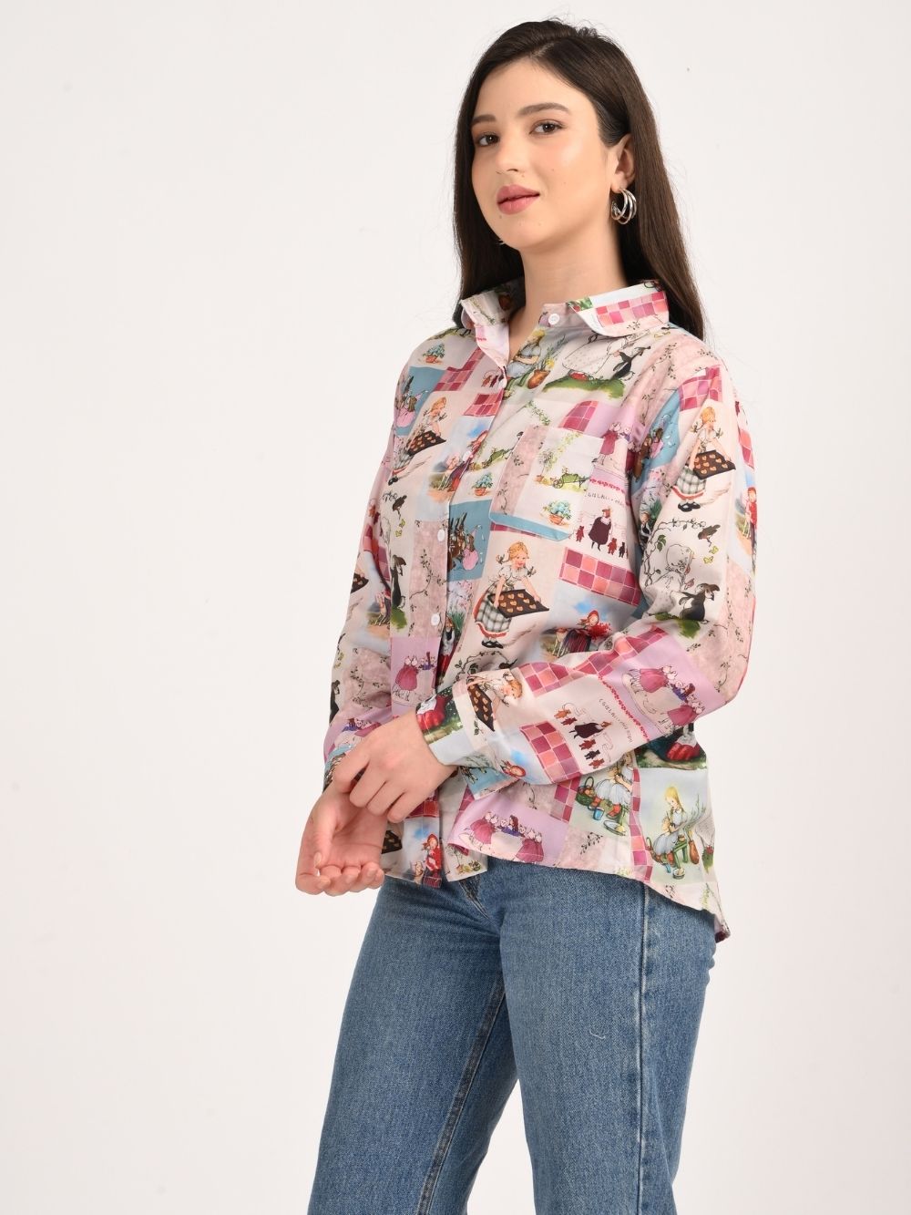 Woman wearing vintage print shirt side pose