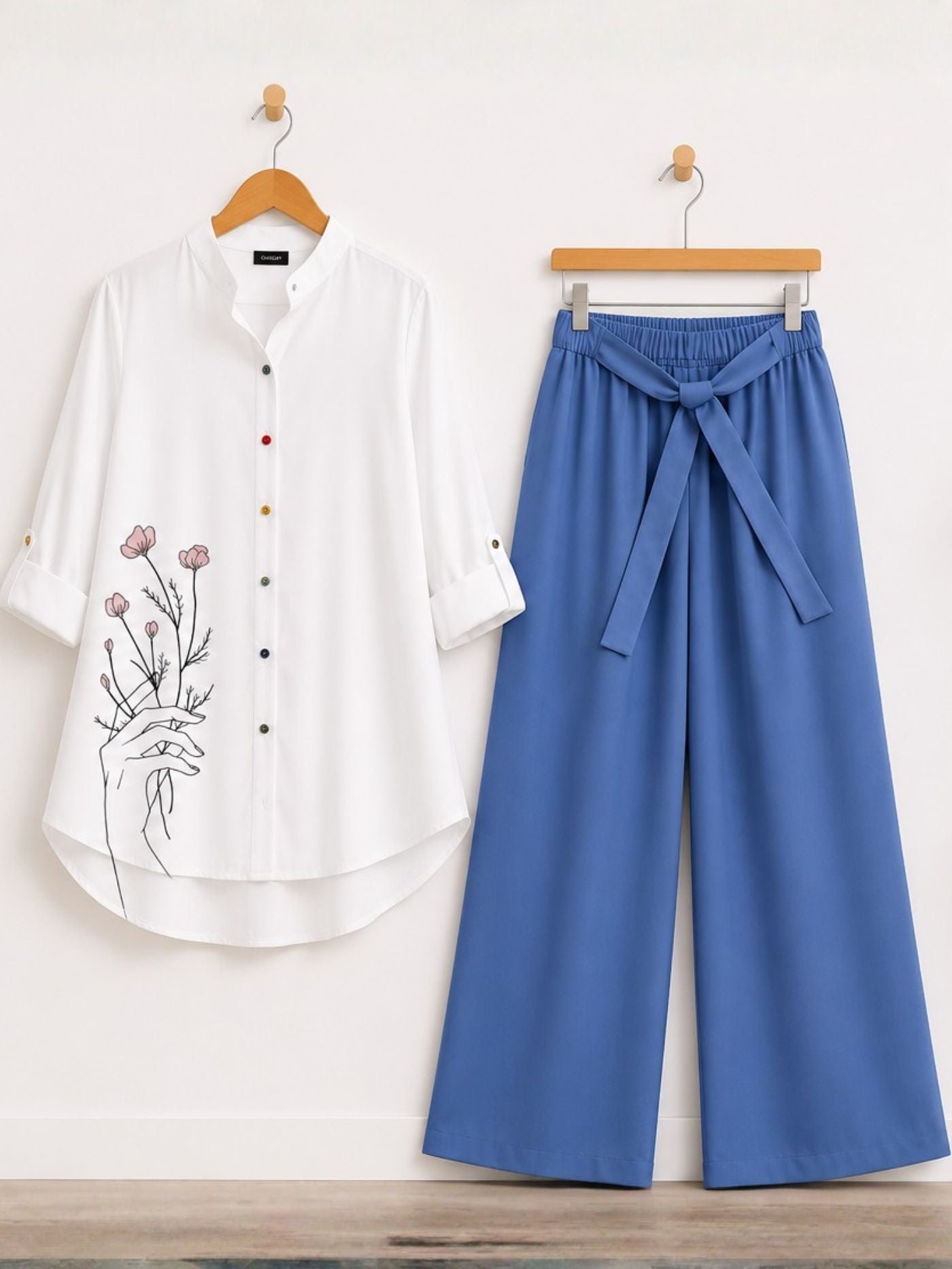 Blue Floral Line Art Co-Ord Set for women with white printed top and blue palazzo
