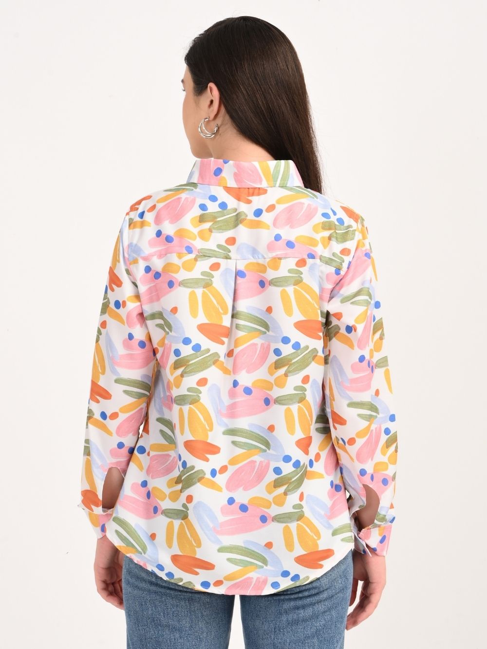 Back view of abstract brushstroke print shirt with long sleeves

