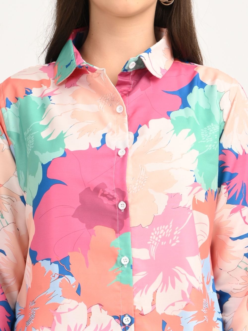 Close-up of floral print on rayon shirt fabric